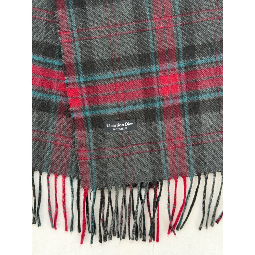 Christian Dior Monsieur Vintage Plaid Fringe Scarf Red Black Teal Gray Designer